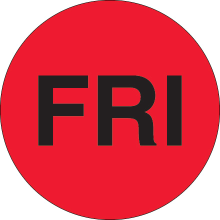 1" Circle - "FRI" (Fluorescent Red) Days of the Week Labels